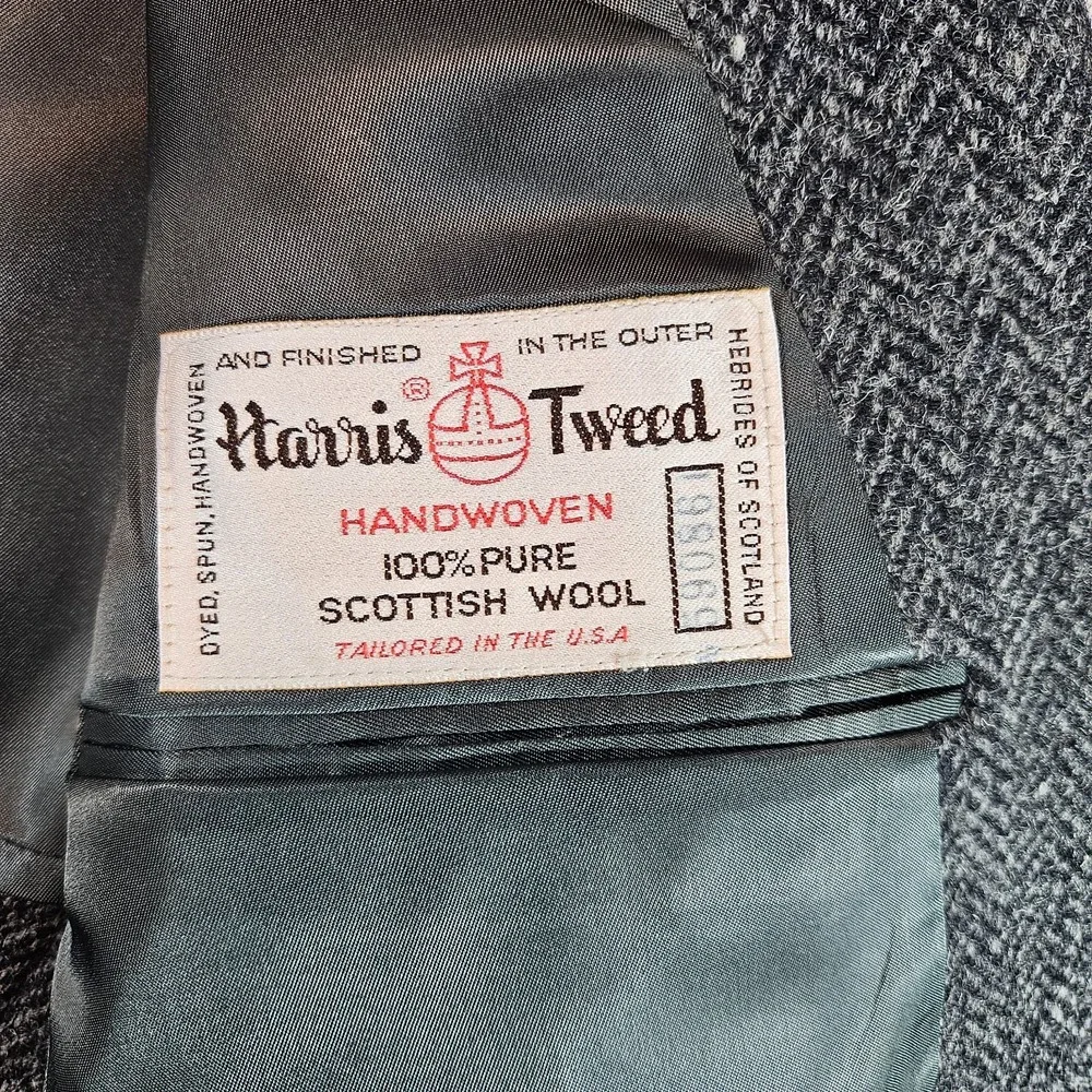 Vtg Harris Tweed Nordstrom Grey Herringbone Wool Sport Coat Blazer 42L Lthr Btn‎